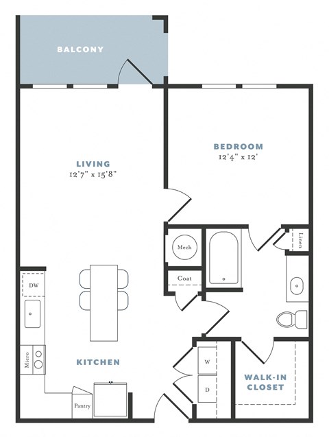 Floor plan for 1 bed, 1 bath, 763 sqft
